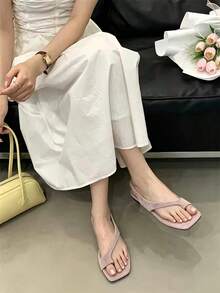 女款法式方頭平底露趾涼鞋，2026夏季新款時尚粉色極簡高級感INS度假風舒適不累腳平底羅馬涼鞋 - 淺粉色 - 查看 5