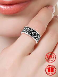 1pc Engraved Horus Eye Rose S925 Sterling Silver Ring, Versatile Hand Accessory For Daily Wear And Anniversary Gift Exchange, Comes With Gift Box - Silver - View 4