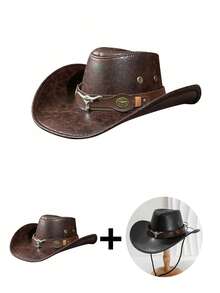 1pc Men's Multi-Color Bull Head Studded Leather Jazz Hat, Outdoor Sun Hat, Large Brim Western Cowboy Hat, Spring/Summer/Autumn - Multicolor - View 15