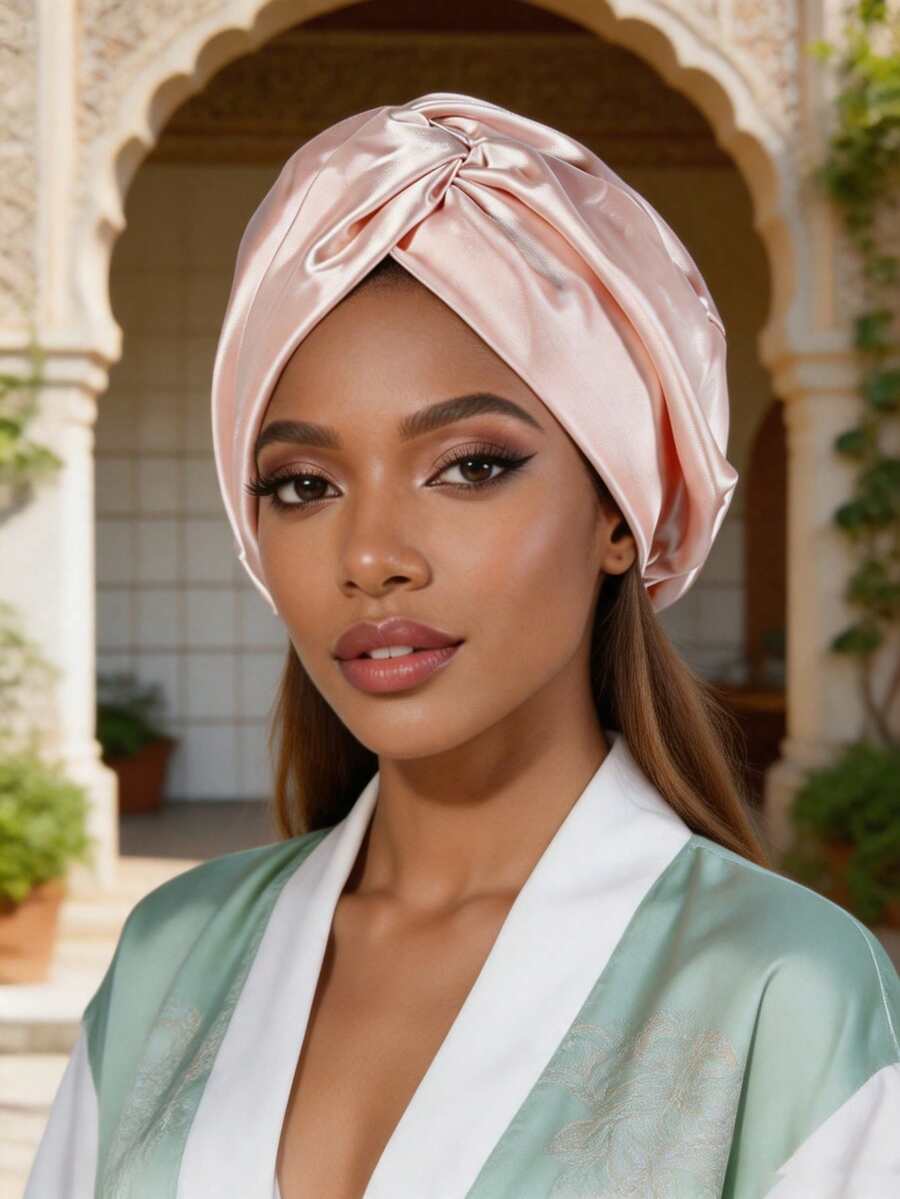 1Pc Double Twisted Cross Women Hair Wrap, Solid Muslim Hair Cap, Ladies Twisted Sleep Bonnet - Pink - View 1