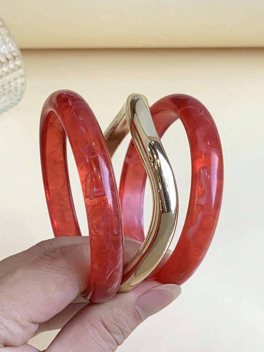 3件組時尚復古粗款多色不對稱壓克力手環套組,適合女性日常配戴,送給朋友與家人的禮物 - 彩色 - 查看 1
