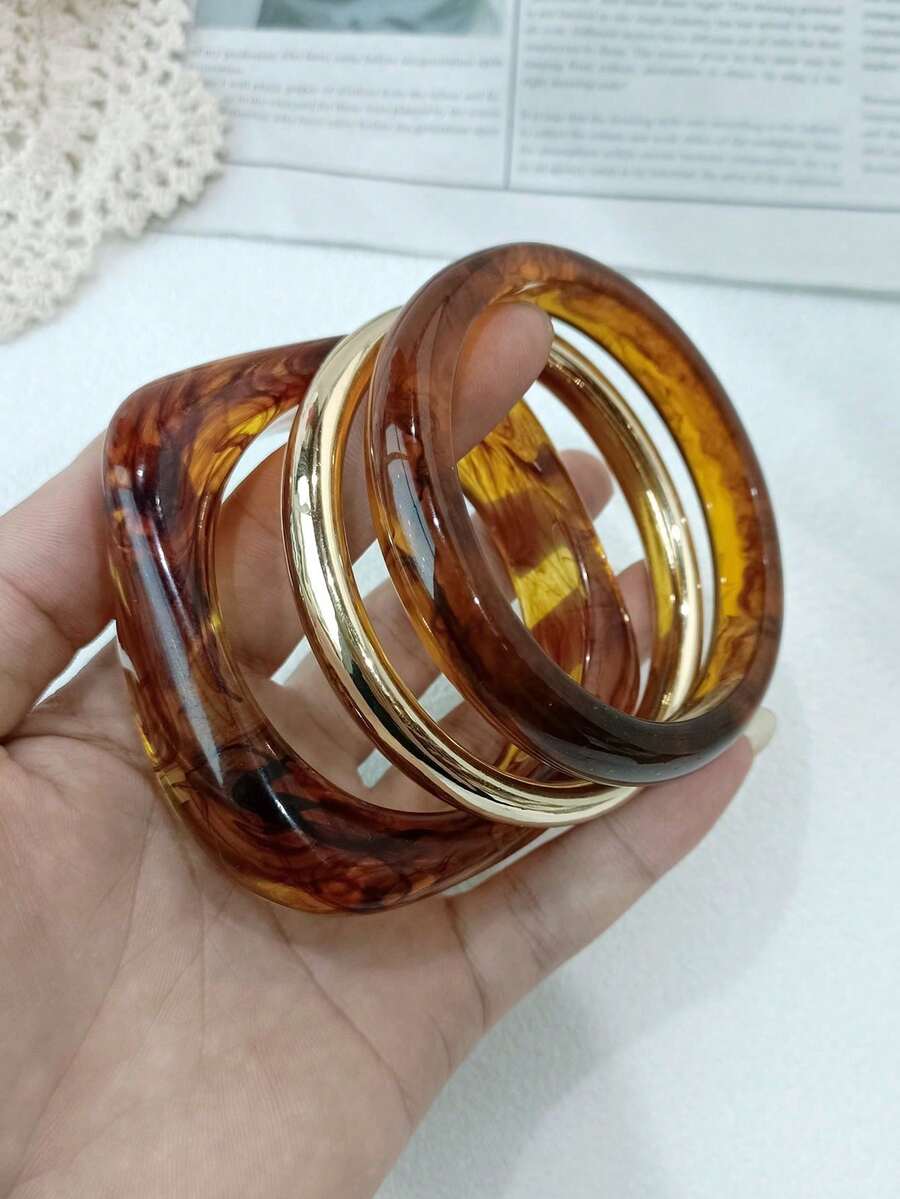 3pcs/Set Fashionable Retro Thick Multicolor Asymmetrical Acrylic Bracelet Set, Suitable For Women, Daily Wear, Gift For Friends And Family - Multicolor - View 1