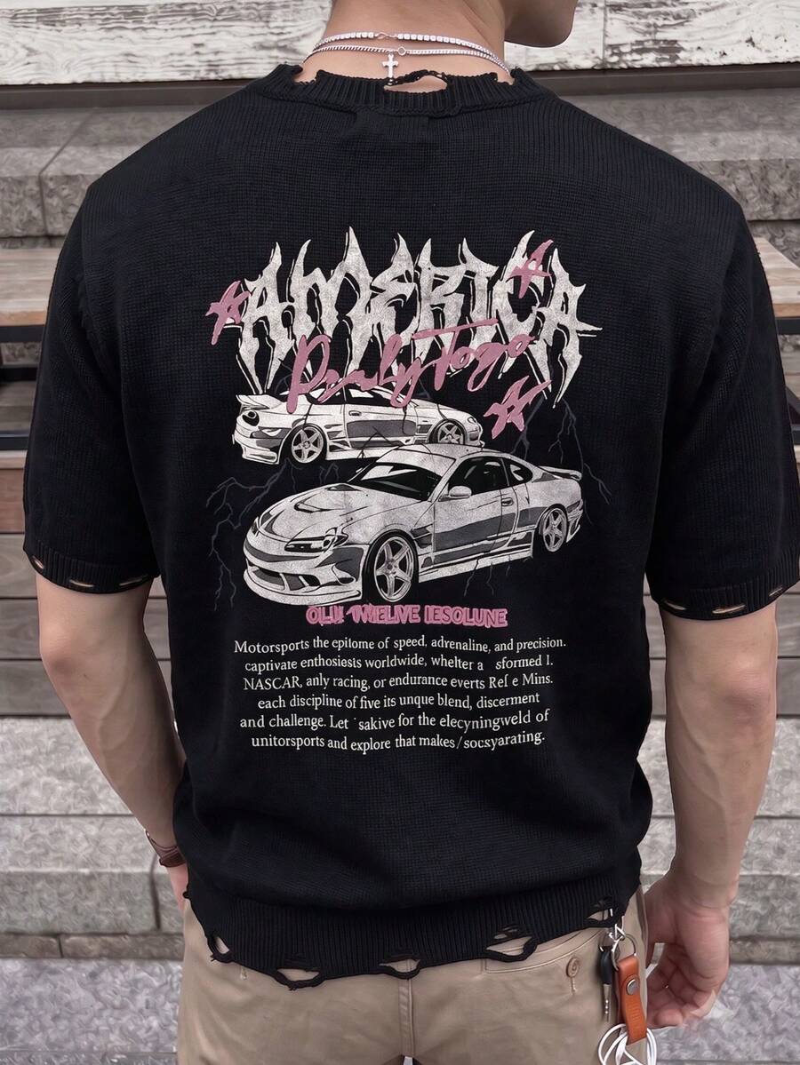 ANDREILEE Men's Unisex Knitted Crew Neck Short Sleeve Top Street Casual Car Print Pattern Sweater T-Shirt Spring Summer - Black - View 1