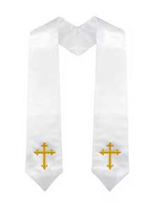 1pc Embroidered Pastor Shawl, White Traditional Church Choir Shawl With Embroidered Cross, Men's Wedding Officiant Pastor Robe Accessory, Halloween Costume Accessory - A - View 2