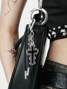 Vintage Carved Cross Keychain, Dark Aesthetic Distressed Silver Pendant, Punk Style Rope Knot Bag Charm, Niche Subculture Accessory - Multicolor - View 2