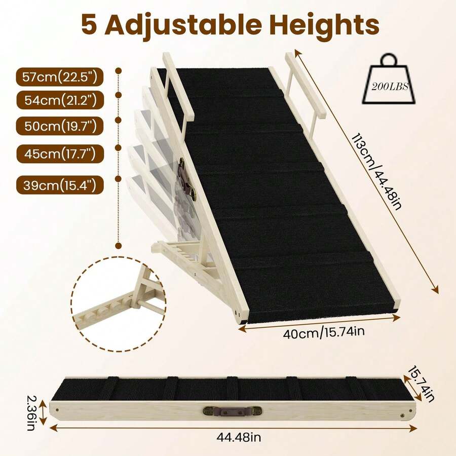 Dog Ramp For Couch, Bed Or Car, Wooden 44" Long Pet Stairs For Small & Large Old Dogs & Cats, Hold Up To 200lb, 5 Adjustable Height From 15.4" To 22.5", Portable Doggie Steps, Excellent Traction