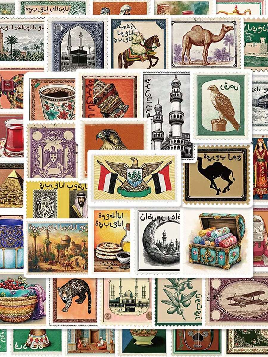 50pcs/Pack Retro Aesthetic Arabic Culture Stickers, Decorative Decals For Luggage Notebook Laptop Guitar Phone Stationery Sticker - Multicolor - View 1