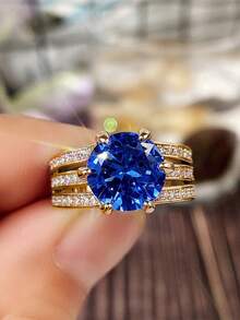 1 buah Cincin Wanita Bertema Kubik Zirkonia, Cocok untuk Pernikahan, Pertunangan, dan Hadiah Hari Valentine - Kuning keemasan + biru tua - View 9
