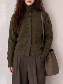 女款秋冬休閒極簡風可翻領長袖針織開襟外套 - 墨綠色 - 查看 4