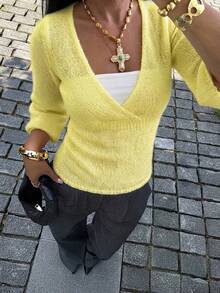 Chic Women's V-Neck Wrap Knit Top With Three Quarter Flare Sleeves Fuzzy Rib-Knit Regular Length Semi-Sheer Slight Stretch For Fall Fashion - Yellow - View 2