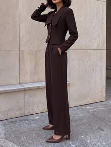 Women's Brown Stretchy 2 Pieces Pant Suit Cropped Gold Button Blazer Wide Leg Pants For Business Work - Coffee Brown - View 3
