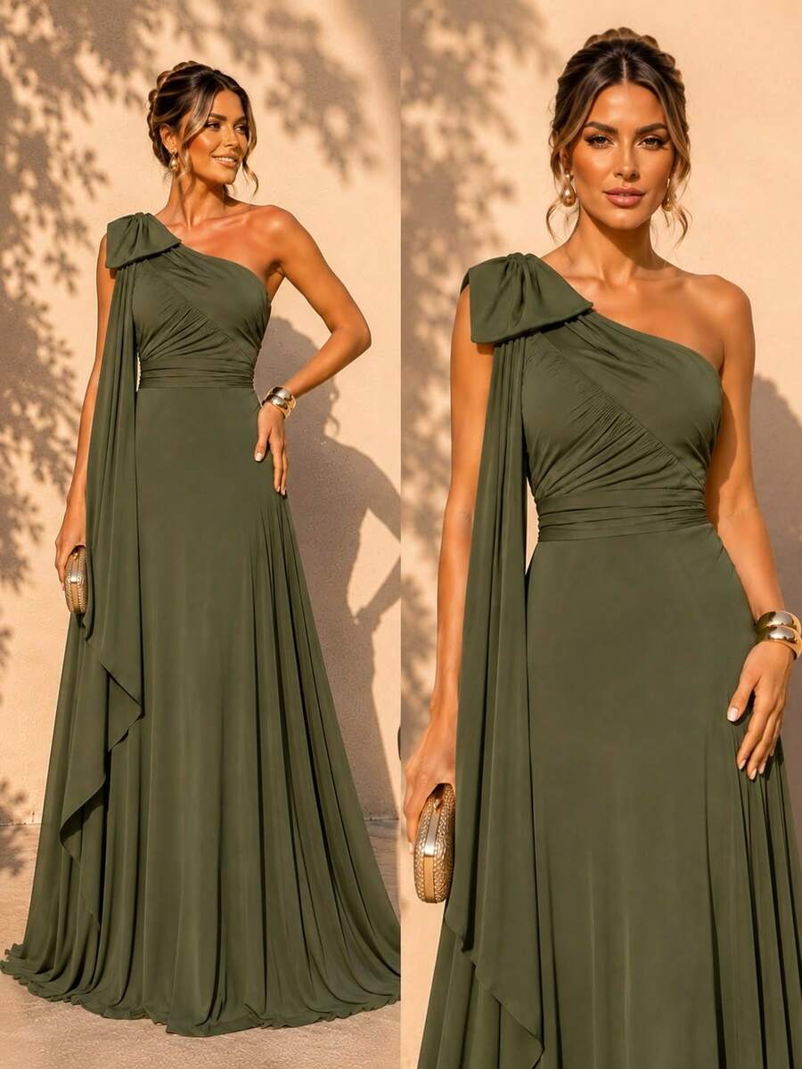 Bridesmaid Dress For Party Guests Reception Graduation Without Shine Cape Sleeve In Fluity - Olive Green - View 1