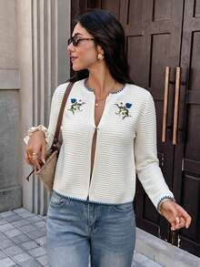 Sookaug Pure Desire Style Hollow-Out Ribbed Knit Cardigan Women's Designer Long Sleeve Cardigan Chic Woolen Top Women's Ribbed Knit Cardigan - White - View 2