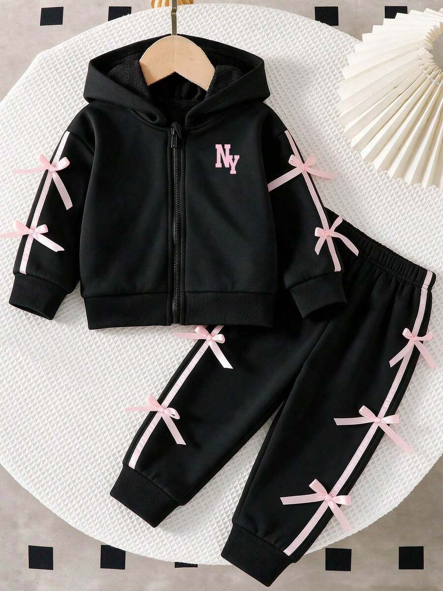 Baby Girl Letter Print Hooded Zip-Up Sweatshirt And Pants Set - Black - View 1