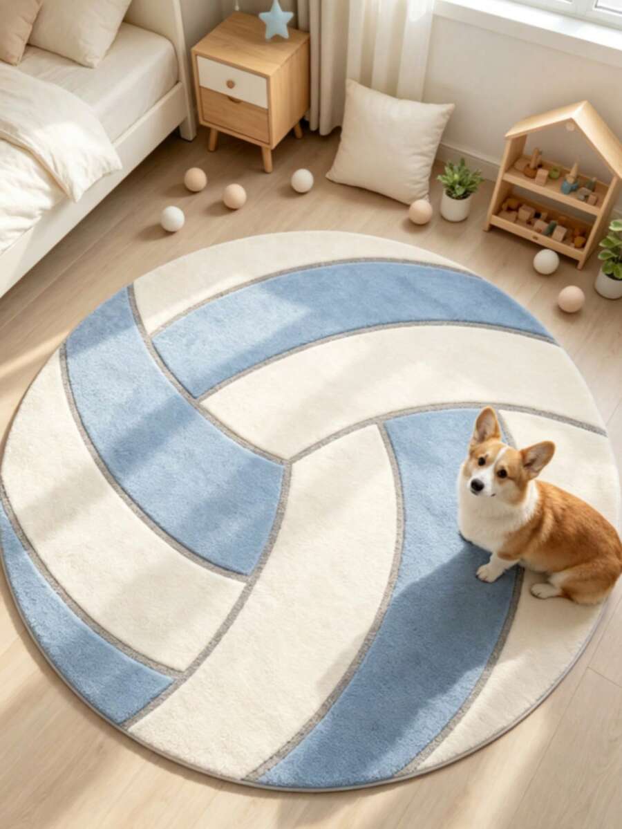 1pc Blue And White Round Volleyball Decorative Rug, Bedroom Decor, Small Rug, Carpet, Home Decor, Living Room Rug, Living Room Small Rug, Bedroom Rug, Living Room Home Decor, Outdoor Rug, Washable Rug - Multicolor 9 - View 1