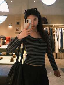 Striped Colorblock Button Half-Placket Long Sleeve T-Shirt - Grey - View 1