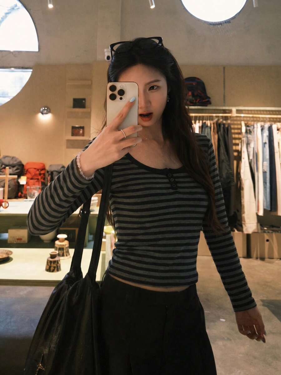Striped Colorblock Button Half-Placket Long Sleeve T-Shirt - Grey - View 1