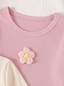 3pcs/Set Baby Girl Autumn Basic Long Sleeve Knit Crew Neck T-Shirt, Versatile Casual Apricot Pink Striped Colorblock Tops, Soft Comfortable Spring Warm Color Clothing - Multicolor - View 3
