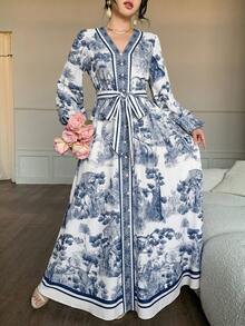 abyoxi 女款海軍藍長袖V領單排扣收腰A字長洋裝，復古優雅，適合假期正式場合晚宴，夏秋長洋裝 - 藏蓝色 - 查看 1
