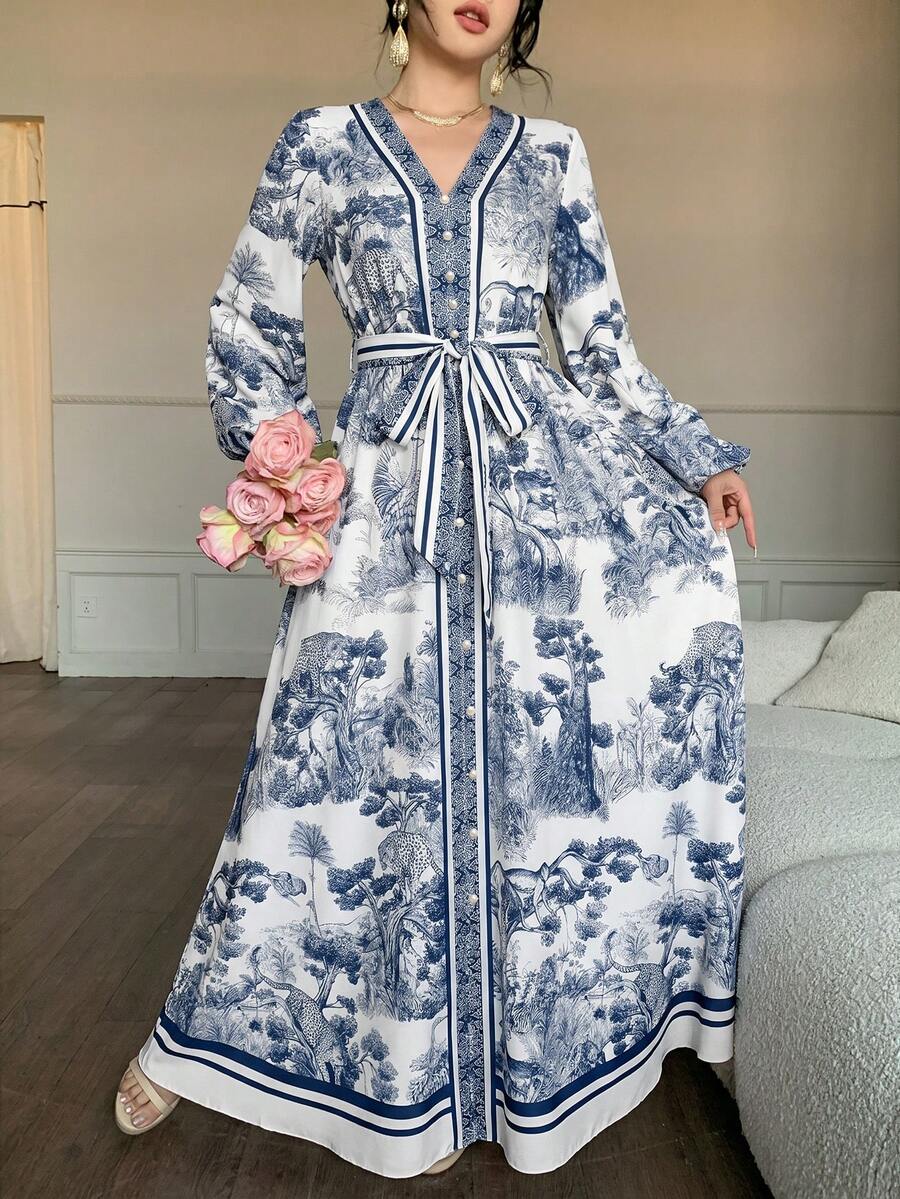 abyoxi 女款海軍藍長袖V領單排扣收腰A字長洋裝,復古優雅,適合假期正式場合晚宴,夏秋長洋裝 - 藏蓝色 - 查看 1