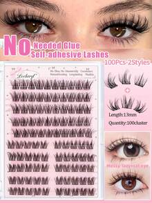 Lvcheryl 100-120pcs/Box 10rows Self-Adhesive Eyelash Reusable Glue-Free, False Eyelashes Waterproof Natural Style For Beginners Makeup - C - View 4