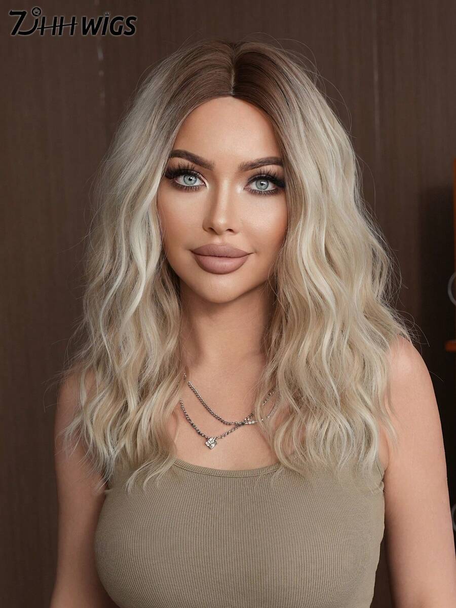 7JHH WIGS Mid-Length Water Wave Curly Wigs For Women 20-Inch Middle Part Without Bangs Wig With Dark Root, Heat-Resistant Synthetic Fluffy For Daily Wear, Music Festival Party Use ( Camel Brown & Blonde)