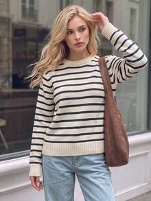 Nicenter Women's Round Neck Striped Loose Knit Sweater, New Autumn/Winter Knit Top, Fall Outfit For Women, Casual Versatile Daily Commute Wear, Halloween - Black and White - View 8