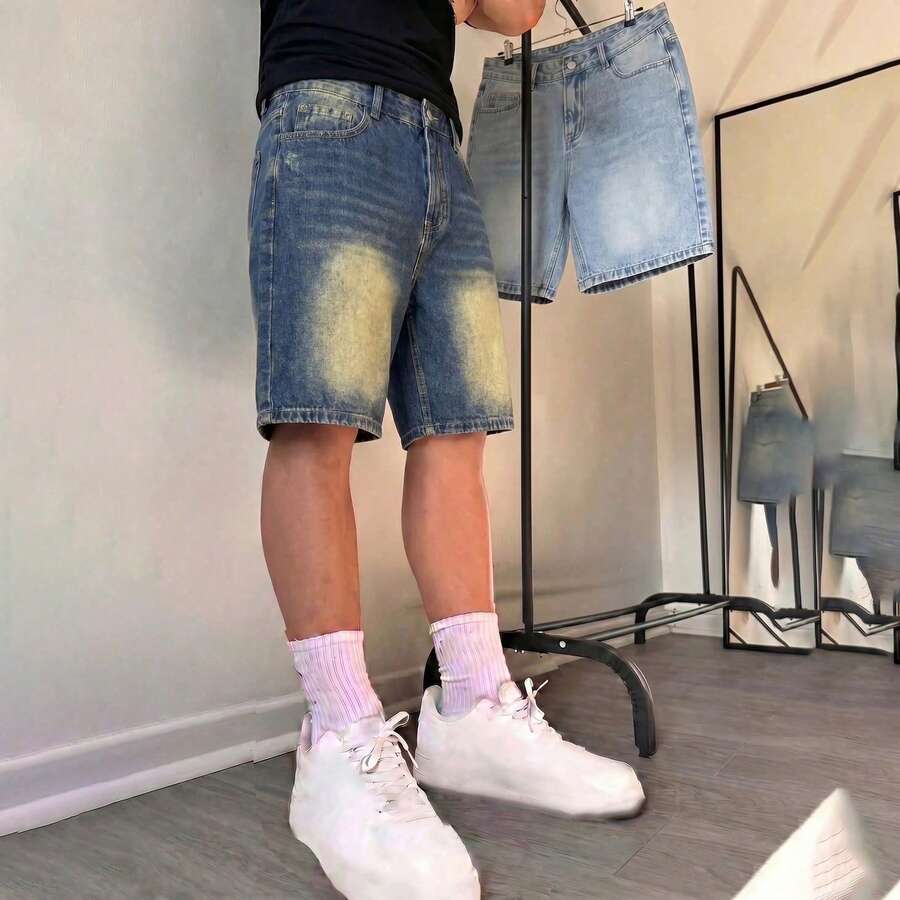 男士夏季休閒無彈力牛仔短褲 - 寶藍色 - 查看 1