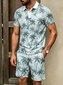 Men's Coconut Tree Digital Print Short Sleeve Polo Shirt And Shorts Set - Multicolor - View 4