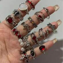 Gothic Style Red Crystal Butterfly Heart-Shaped Open Ring, Women's Vintage Adjustable Finger Ring, Halloween Jewelry - Multicolor - View 3