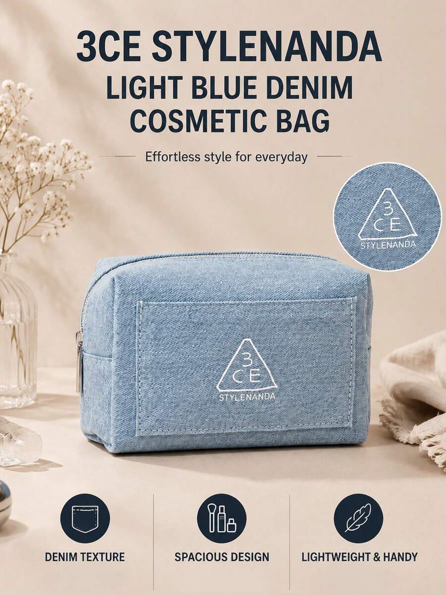 3CE Light Blue Denim Makeup Bag, 16*11.5cm, Durable Denim Fabric With Layered Compartments, Suitable For Daily Makeup Storage And Short Trips