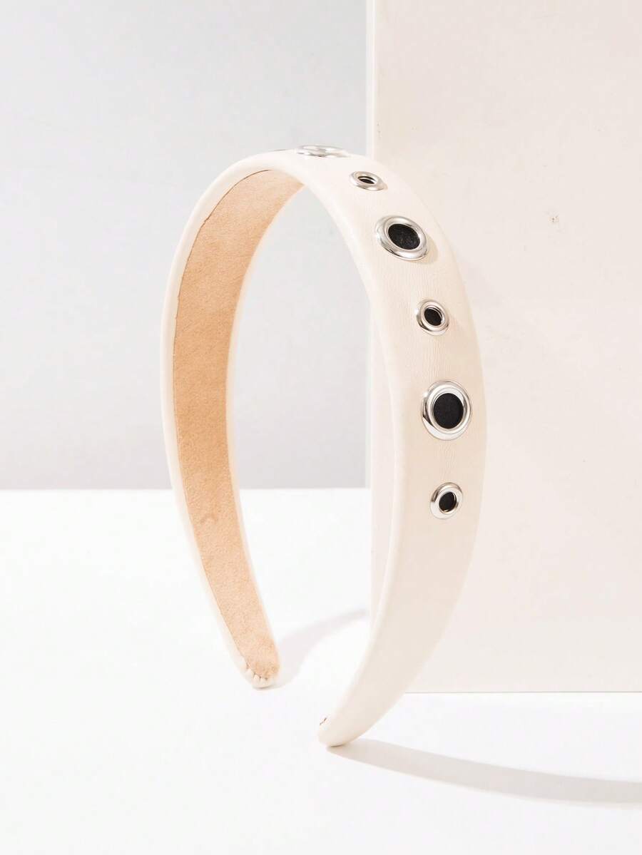 1pc Solid Color Leather Cool Style Rivet Metal Eyelet Headband, Simple Versatile Fashion High Quality Hair Accessory, Sweet Cool Style Hair Clip For Girls Street Photography - FG1176-b White - View 1
