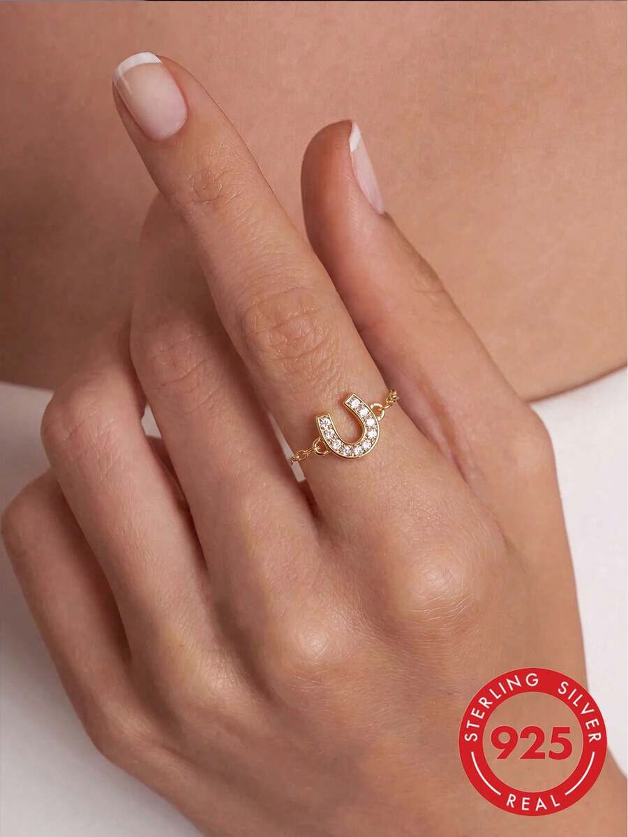1pc S925 Sterling Silver Minimalist Luxury Rhinestone U-Shaped Adjustable Chain Ring For Women, Elegant Design, European And American Fashion, Personalized Exquisite Niche Cool Elegant, Ins High-End Ring, Daily Casual Low-Key Outfit, Party, Holiday Gift