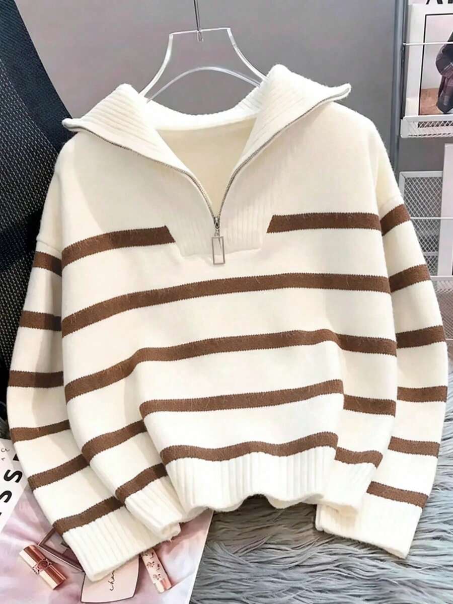 新款秋冬女款條紋拉鍊高領毛衣,時尚極簡套頭衫經典款,長袖上衣休閒棕色秋季 - 棕色 - 查看 1