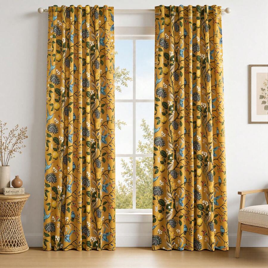 Topfinel 2 Panels Floral Curtains  Blackout Elegant Vintage Farmhouse Country Hummingbird Patterned Curtains For Dining Living Room Bedroom - 芥末黃 - 查看 1