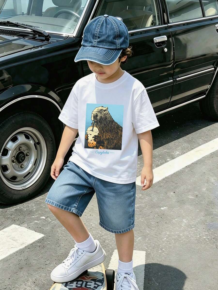 Boys Graphic T-Shirt With Capybara Print And Text, Short Sleeve Crew Neck Top - White - View 1
