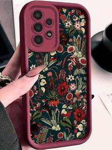 1pc Dark Green Plant & Floral Print Phone Case, Burgundy Leather Frame Shockproof Soft TPU Protective Cover, Compatible With GALAXY, HONOR, Phones - Burgundy - View 1