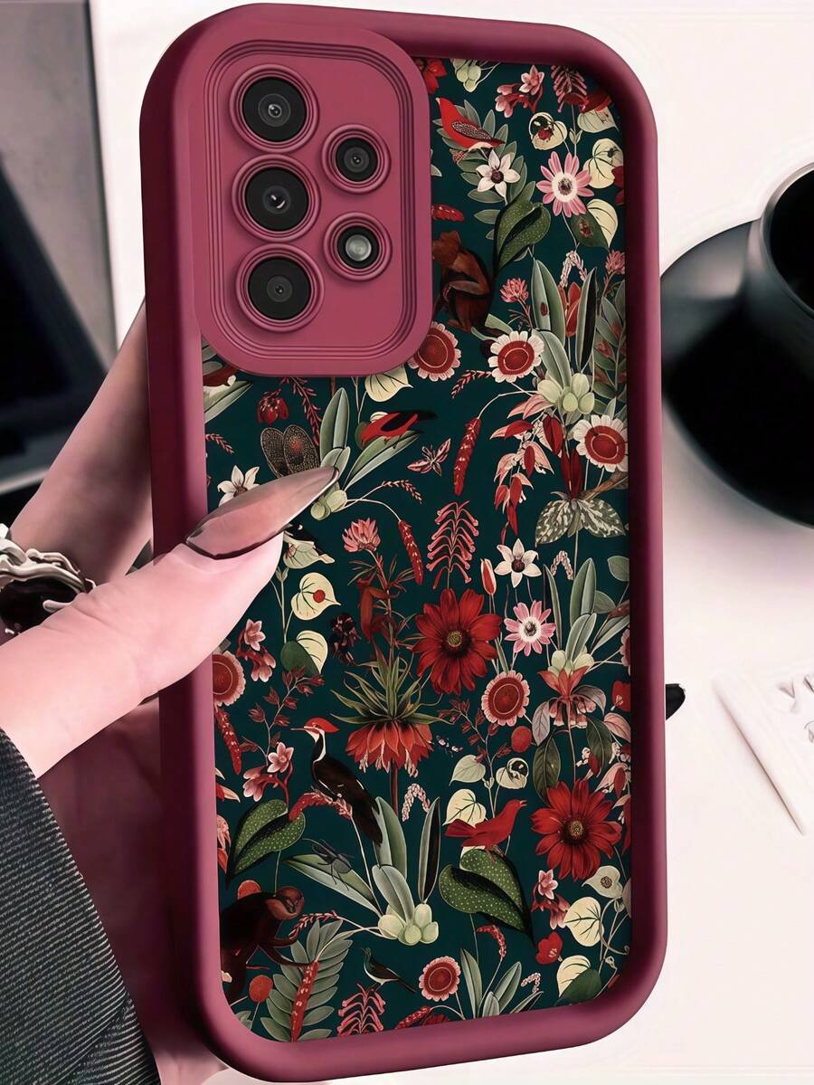 1pc Dark Green Plant & Floral Print Phone Case, Burgundy Leather Frame Shockproof Soft TPU Protective Cover, Compatible With GALAXY, HONOR, Phones - Burgundy - View 1