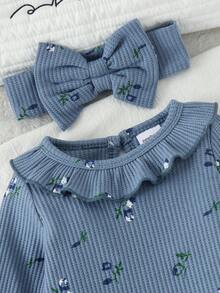 1pc Newborn Baby (Girl) Cute Comfortable Waffle Print Peter Pan Collar Long Sleeve Romper With Headband, Thin Spring/Autumn - Blue - View 3