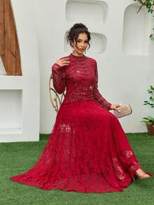 JINLICX Burgundy High Neck Beaded Sequin Maxi Dress Luxury Mesh Formal Evening Gown For Wedding Banquet & Ramadan - Red - View 7