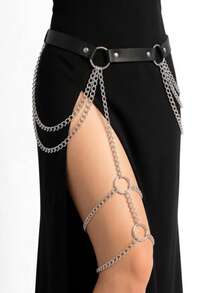 1pc Women's Black PU Leather Waist Belt With Chain Harness, Punk Goth Style Accessory For Daily And Holiday Wear - Black - View 1