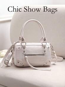 Fashionable Green Patchwork Rivet Motorcycle Bag With Adjustable Strap, Retro Sweet Cool Style Women's Crossbody Handbag For Daily Outings - White - View 10