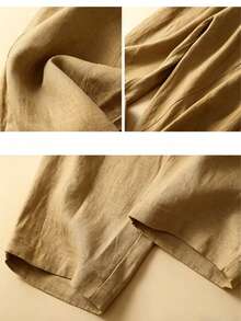 Celana Linen Wanita Terlaris Terbaru, Kain Nyaman dan Bernapas, Desain Sambungan dengan Saku - Kuning unta - View 2