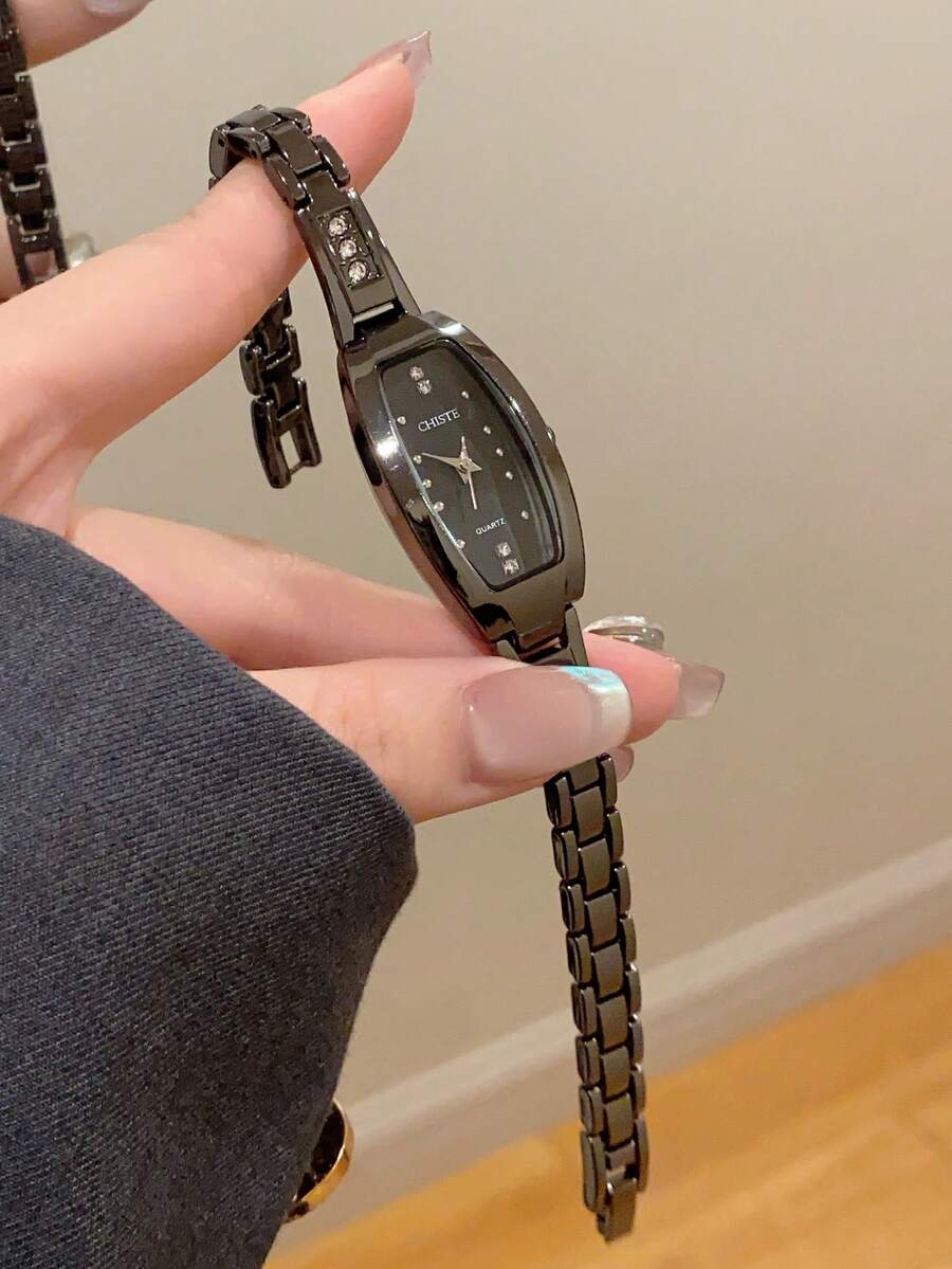 1 件优雅酒桶形女士石英手表，配黑色钢带 - 黑色 - 查看 1