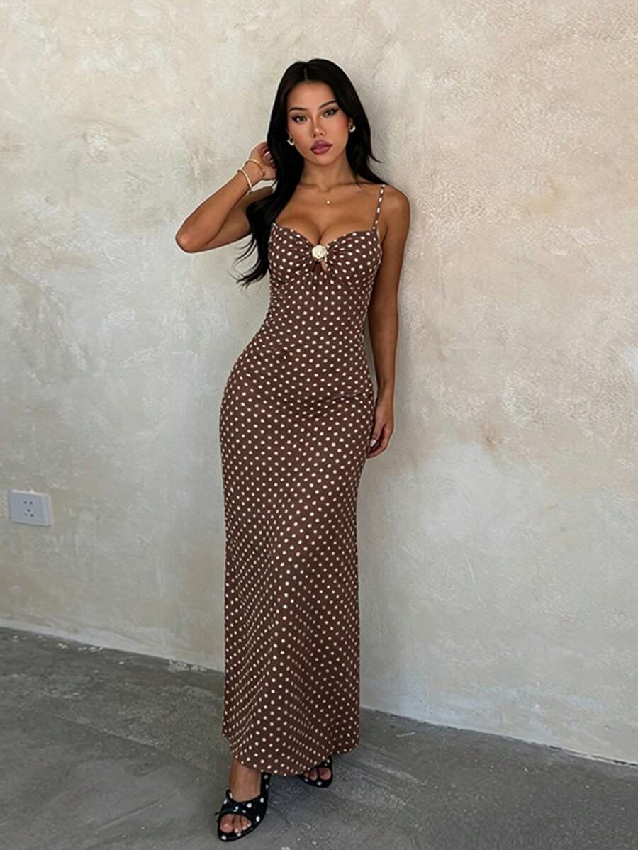 夏季女款優雅連身裙，適合晚宴、約會、派對、婚禮，棕色波點生日裙，秋季適用