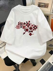 Women's Spring/Summer Clothing, Women's Tops, Pixelated Geometric Pattern, Red Pixel Pattern, Versatile Short-Sleeve T-Shirt - 白色 - 查看 1