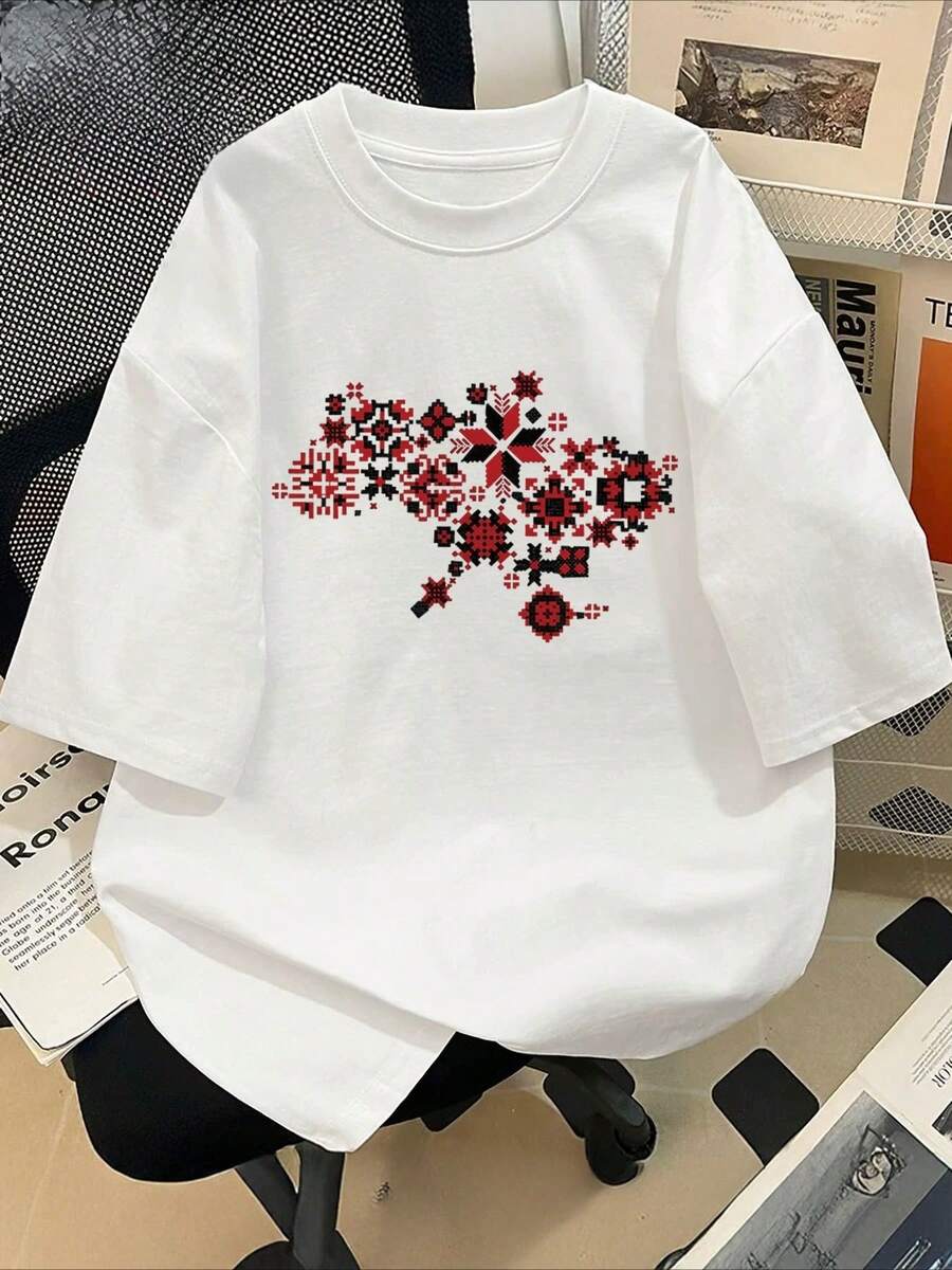 Women's Spring/Summer Clothing, Women's Tops, Pixelated Geometric Pattern, Red Pixel Pattern, Versatile Short-Sleeve T-Shirt - 白色 - 查看 1