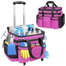Cleaning Caddy With Wheels, X Large Rolling Caddy Bag With Detachable Trolley For Housekeepers, Water Resistant Cleaning Cart Supplies Organizer For Home, Car, Tool Organizer, Mobile Storage - Rose Red - View 1