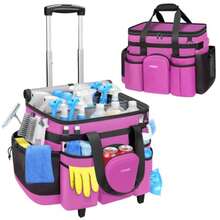 Cleaning Caddy With Wheels, X Large Rolling Caddy Bag With Detachable Trolley For Housekeepers, Water Resistant Cleaning Cart Supplies Organizer For Home, Car, Tool Organizer, Mobile Storage - Rose Red - View 2
