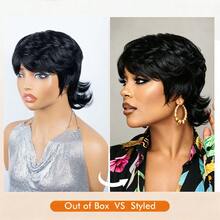 Women's 6 Inch Straight Mullet Pixie Cut Wig With Bangs Brazilian Remy Human Hair 180% Density Machine-Made No Lace Wig For Daily & Party Wear - Natural Black - View 4
